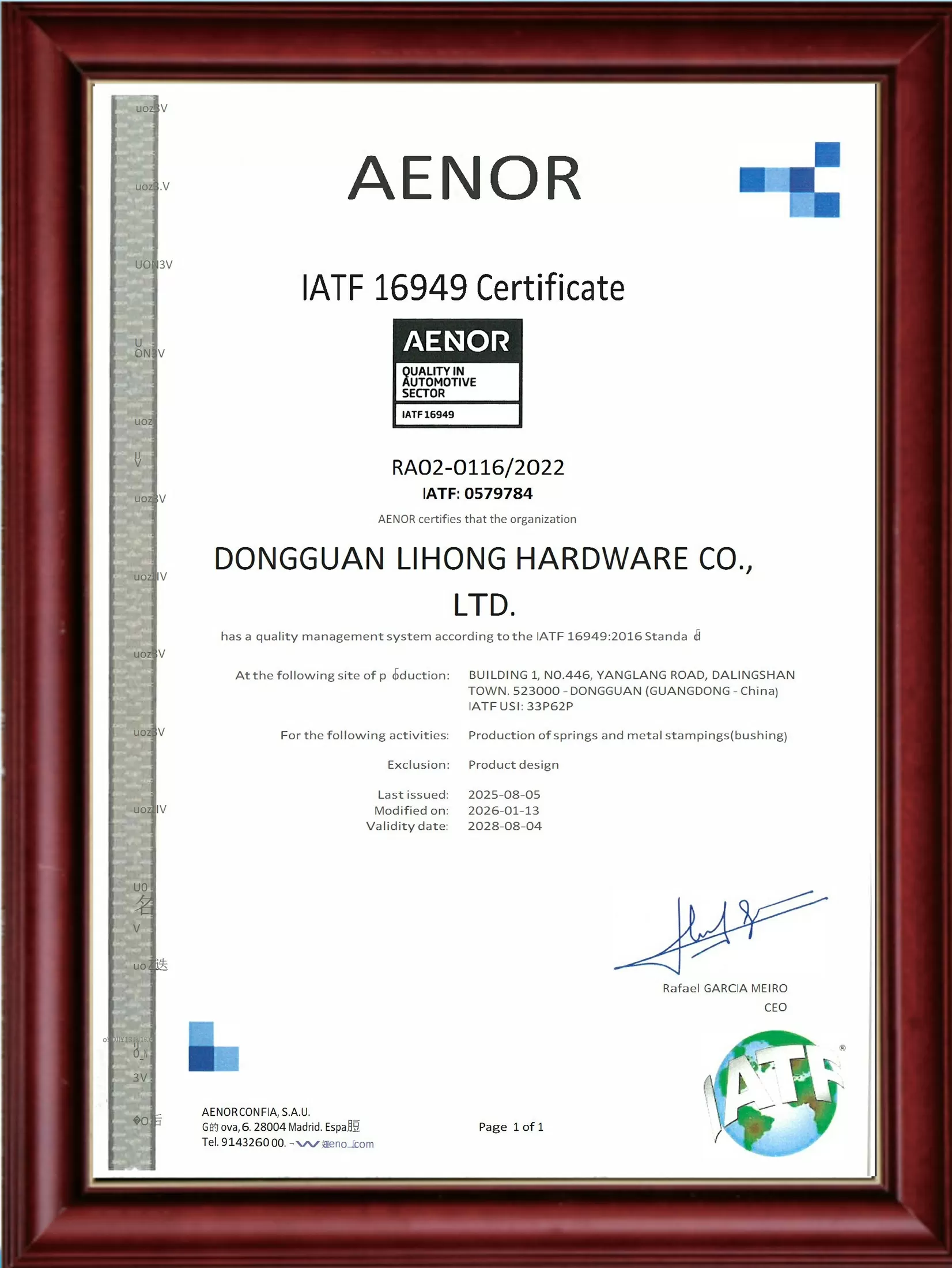 IATF16949 Springs and Metal Stampings  Certificate